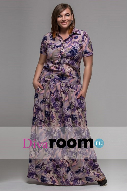 Фиолетовое платье-рубашка в пол большого размера Nita